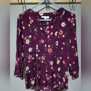 Monday Fun Top Womens Medium Purple Floral Henley V Neck Blouse